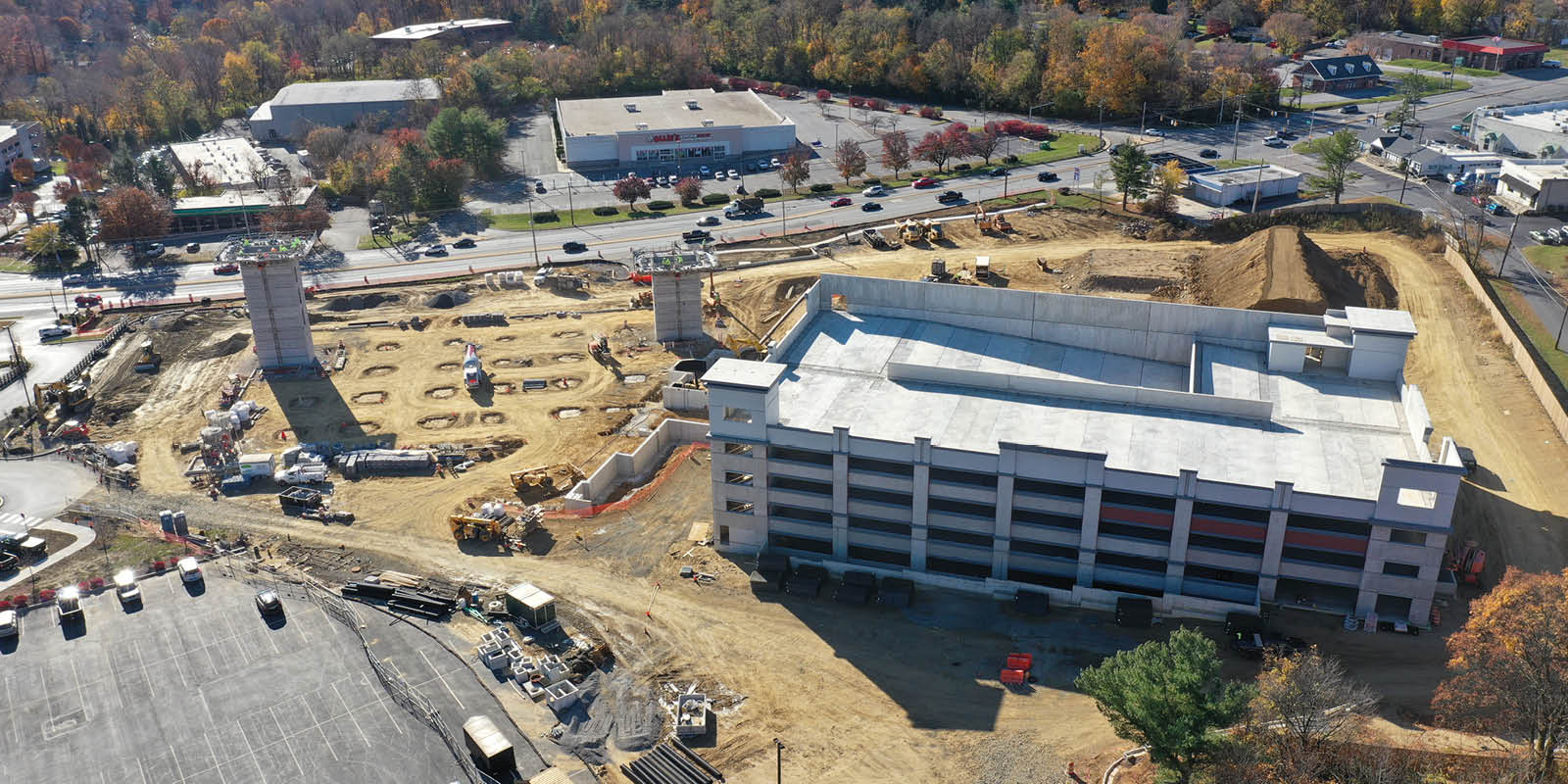 Aerial view of construction of multi-family apartment complex