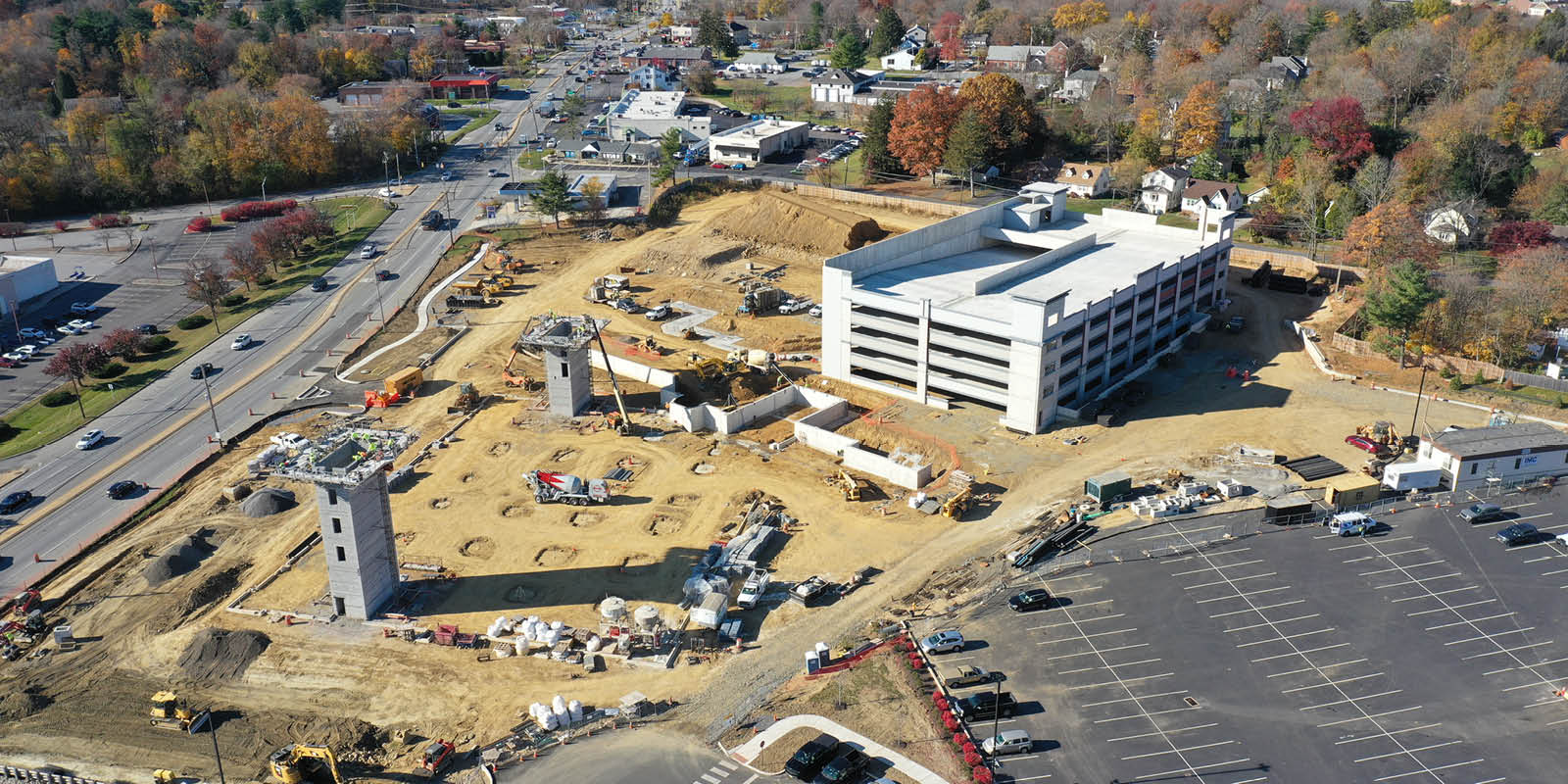 Aerial view of construction of multi-family apartment complex