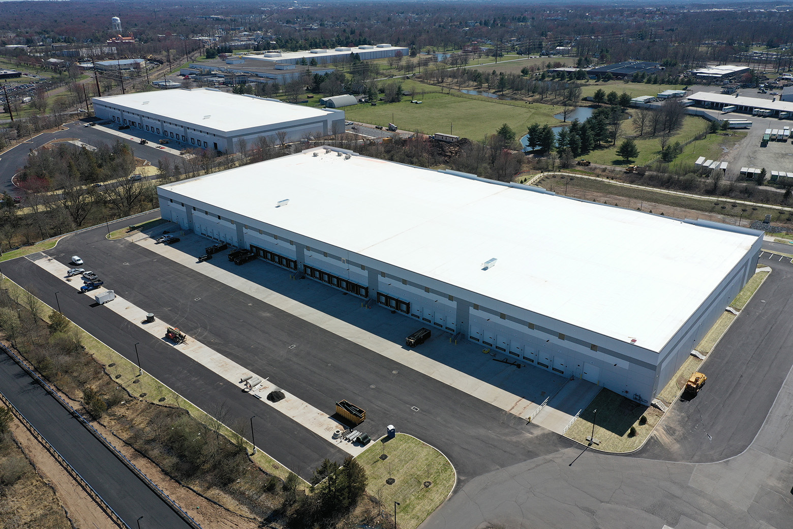 An aerial drone shot of the construction site of North Penn Logistics Park