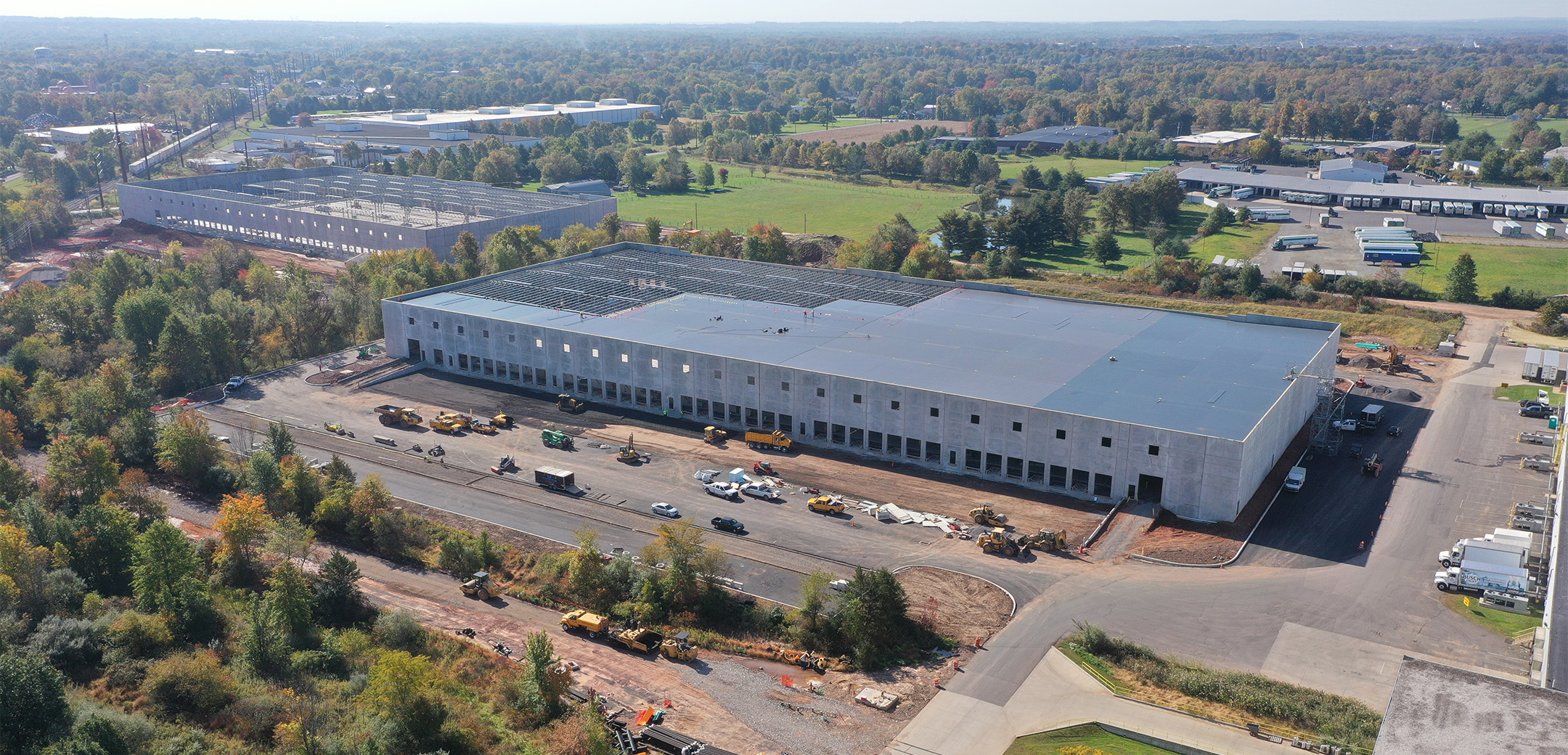 An aerial drone shot of the construction site of North Penn Logistics Park