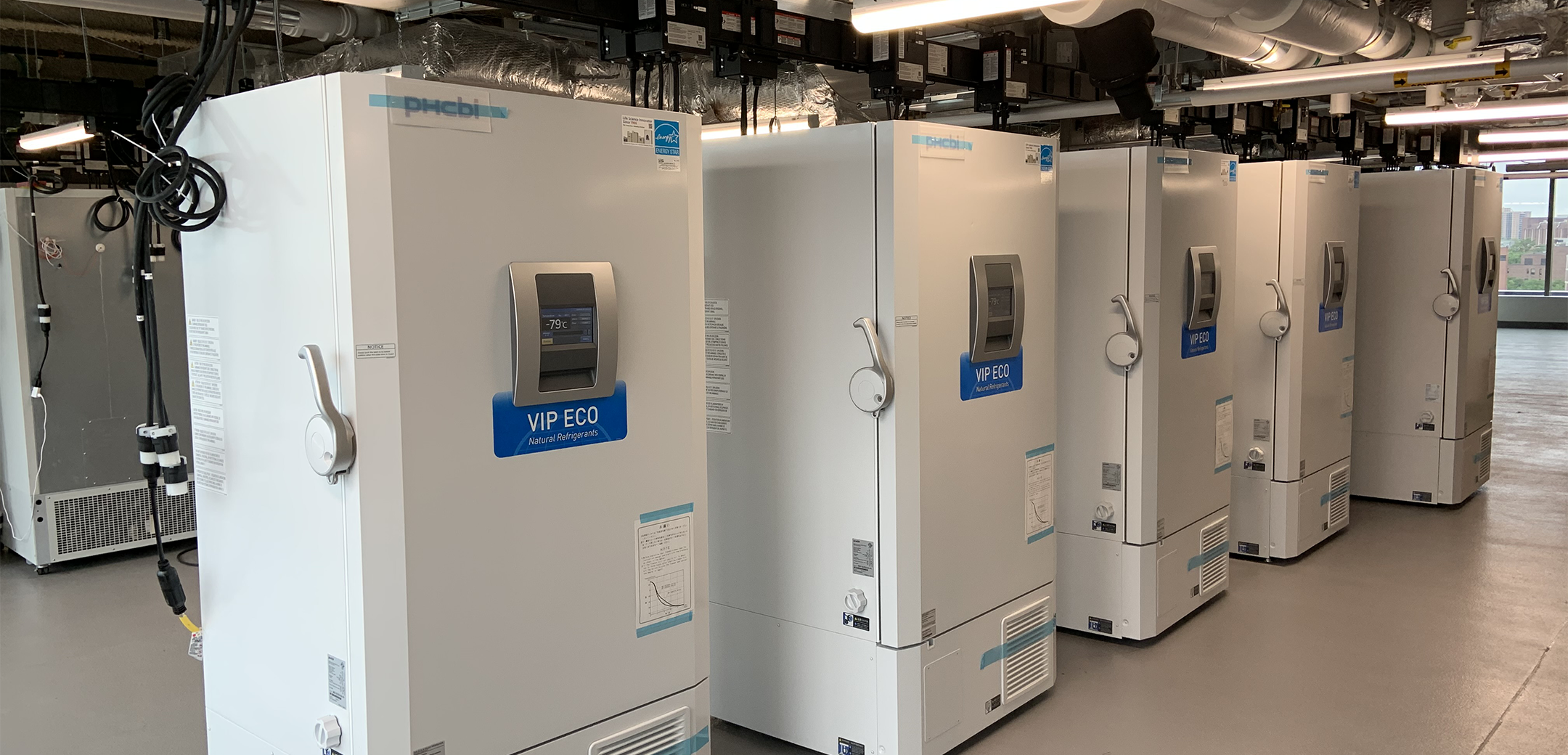 A close up of five freezers in Penn Medicine Center of Technology's Bio Bank Freezer Farm.